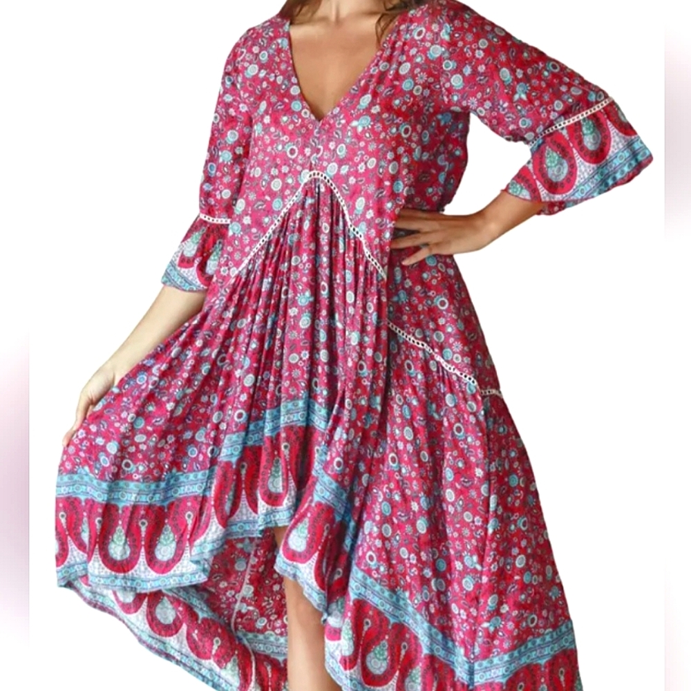 Nwt Aura Floral Boho Gypsy Dress Oversized Flowy Rayon Hi Lo Hem - Picture 10 of 12
